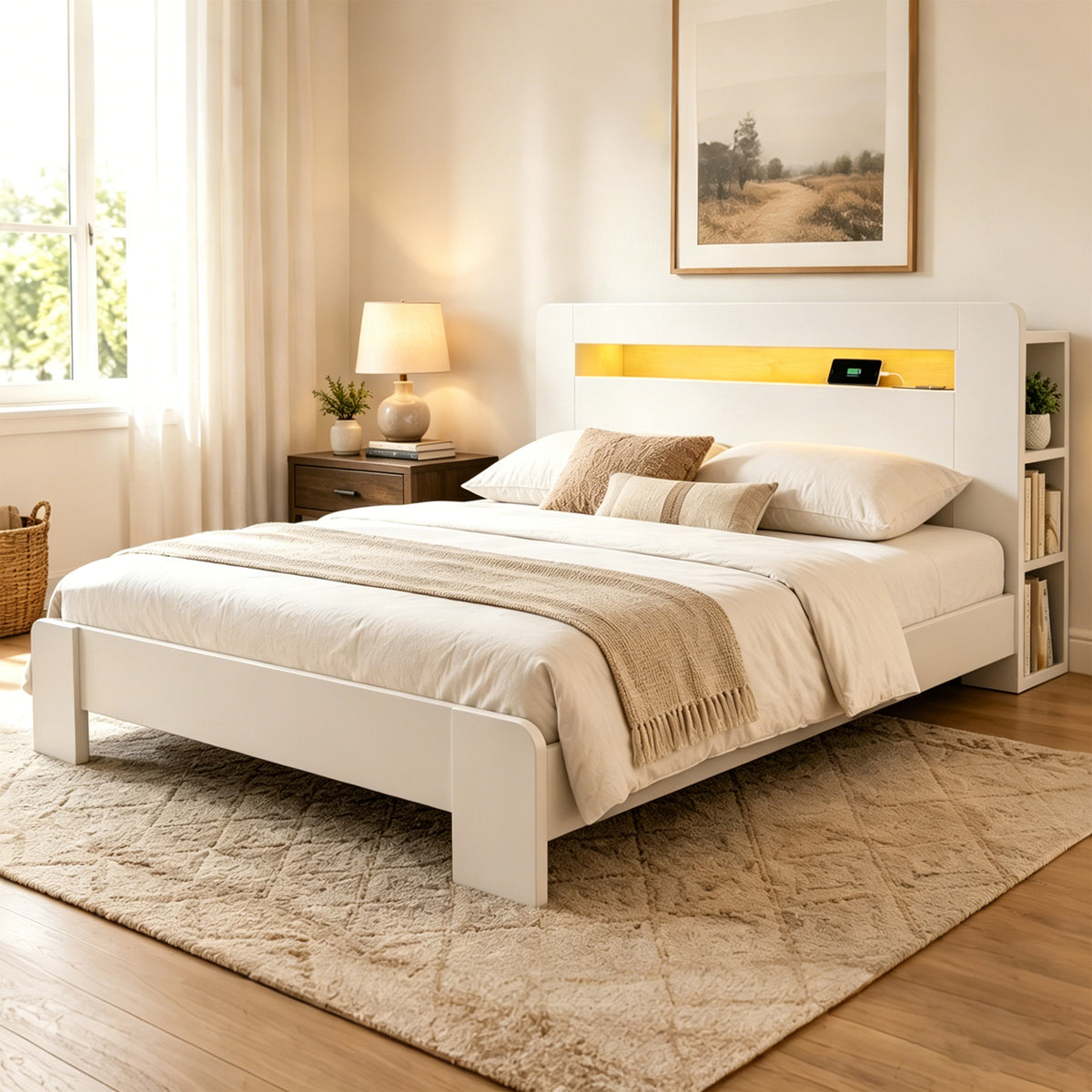 Wooden Bed Frame with Storage Headboard & LED, 140x200 cm, White