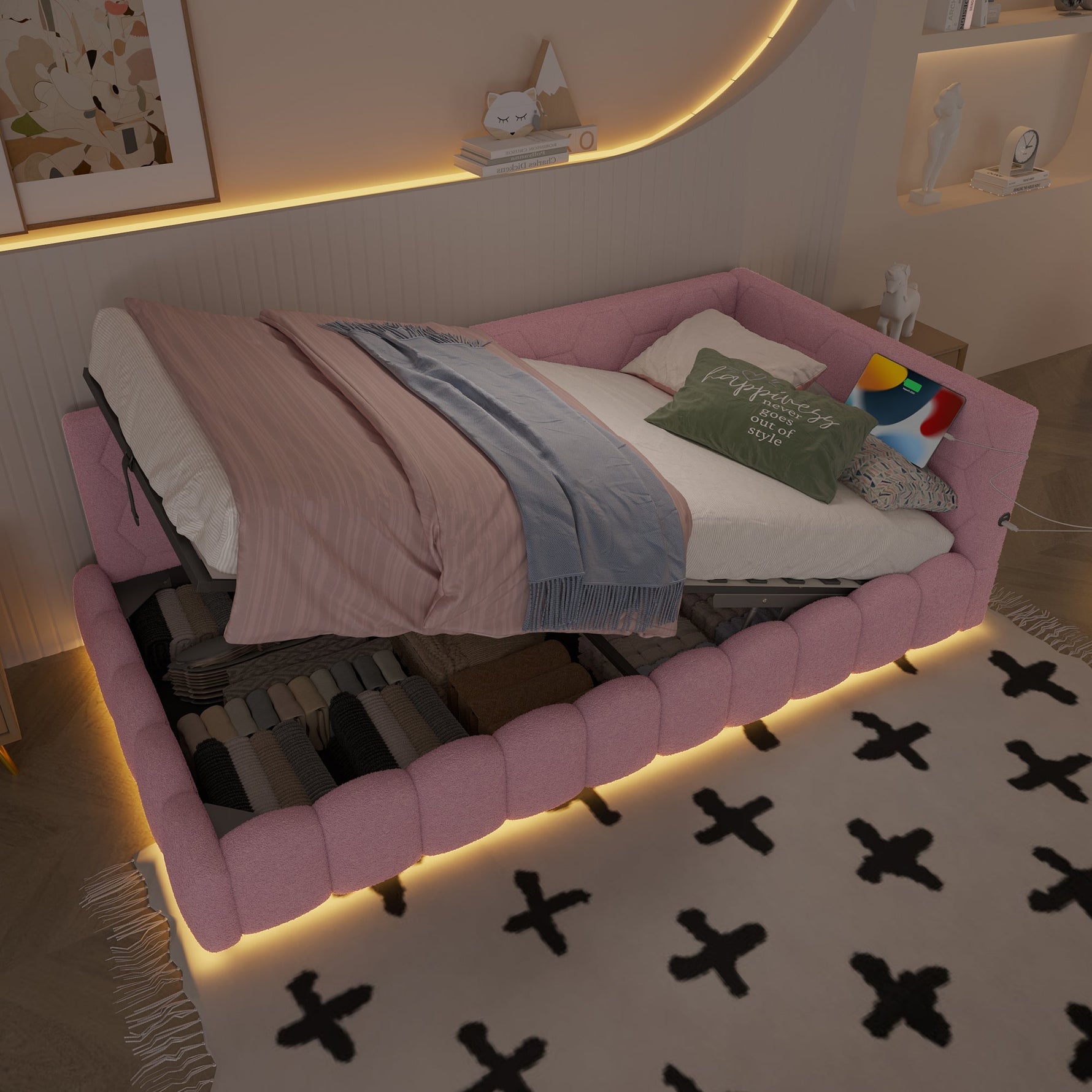 Daybed with LED Light, Hydraulic Storage and USB Charging, Pink Imitation Fleece