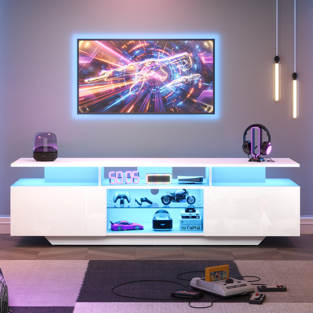 TV Cabinet 160x45cm High-Gloss LED Light 8 Shelves for 70-Inch TV, MDF