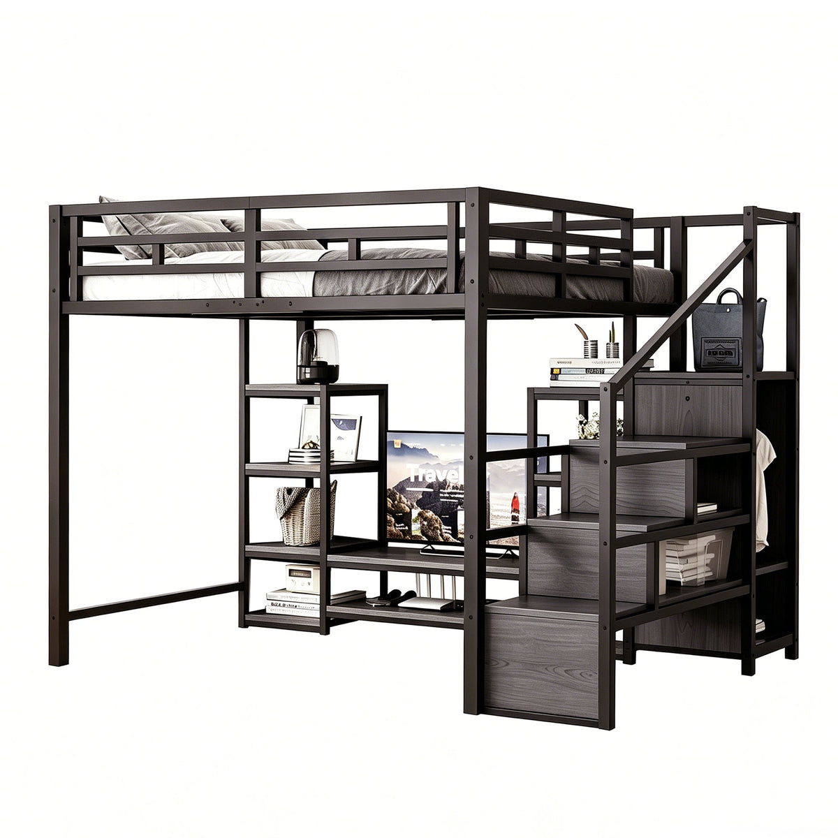 Loft Bed with TV Stand, Power Outlet and Safety Ladder, 140x200cm, Black Metal and Wood