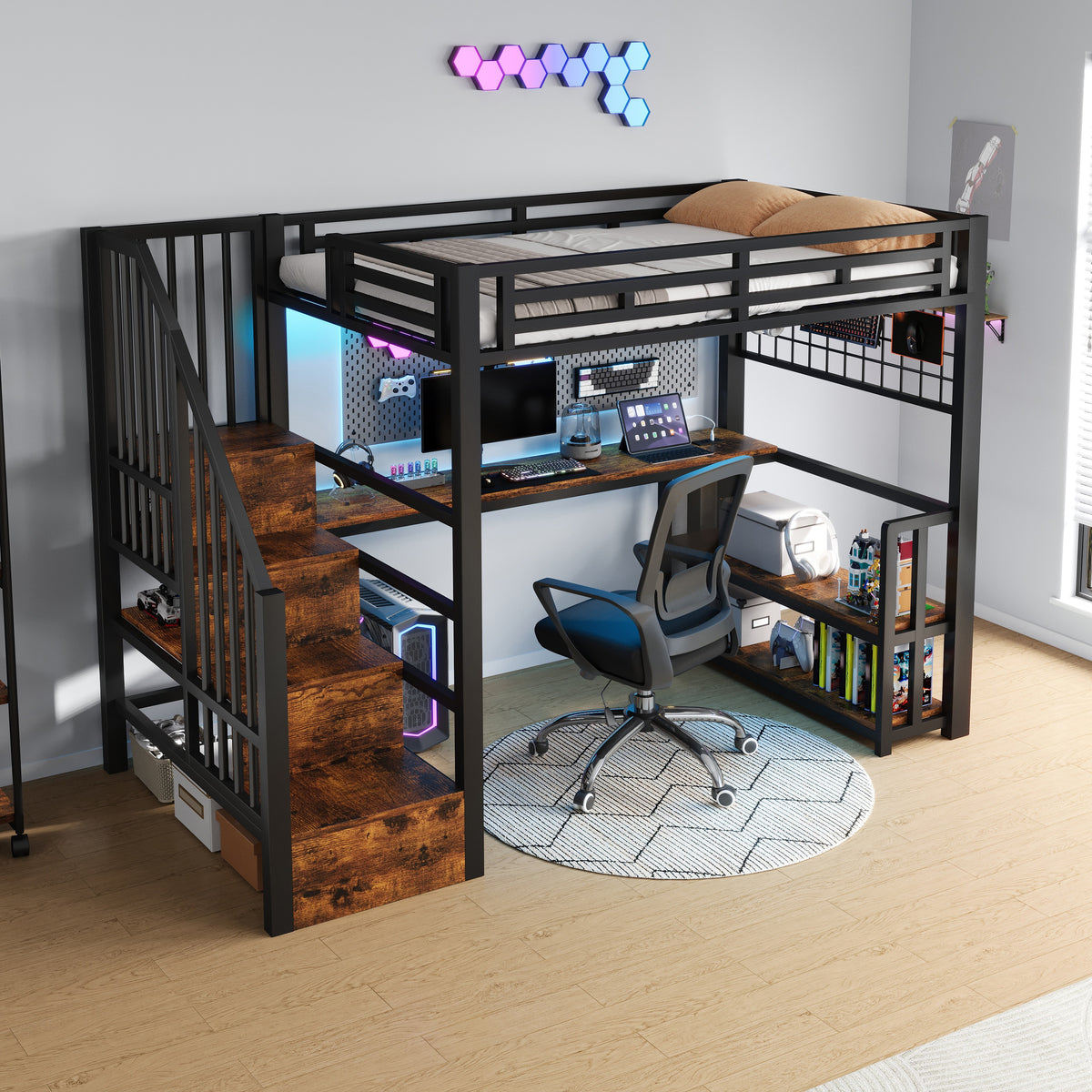 Loft Bed 90x200cm with Desk, LED & Storage, Black Metal
