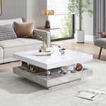 Double Coffee Table, High-Gloss 360° Swivel Top with Storage, White Marble