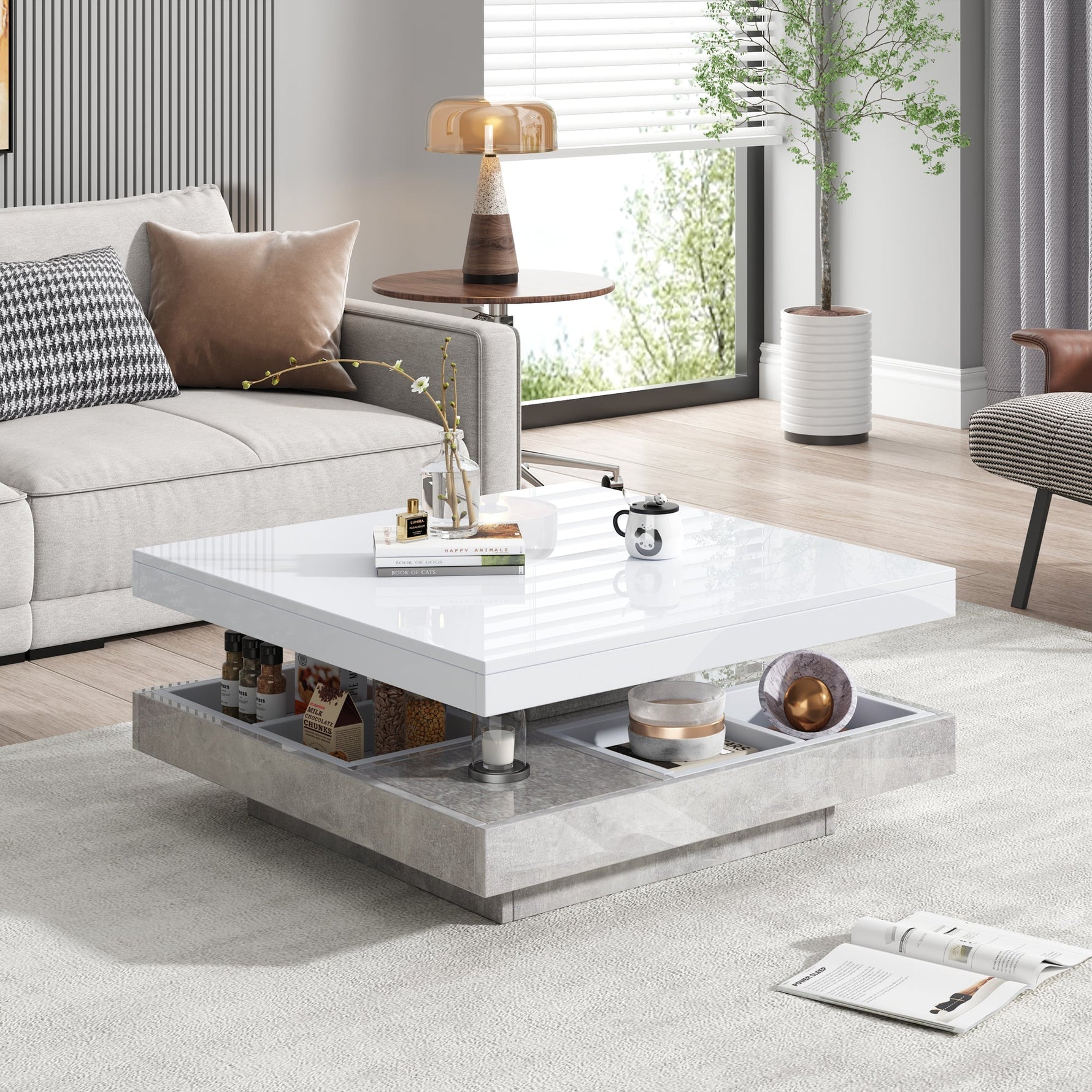 Double Coffee Table, High-Gloss 360° Swivel Top with Storage, White Marble