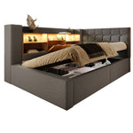 Upholstered Single Bed 90x200cm with LED, Hydraulic Storage and L-Shaped Headboard, Grey Linen Fabric (With Mattress)