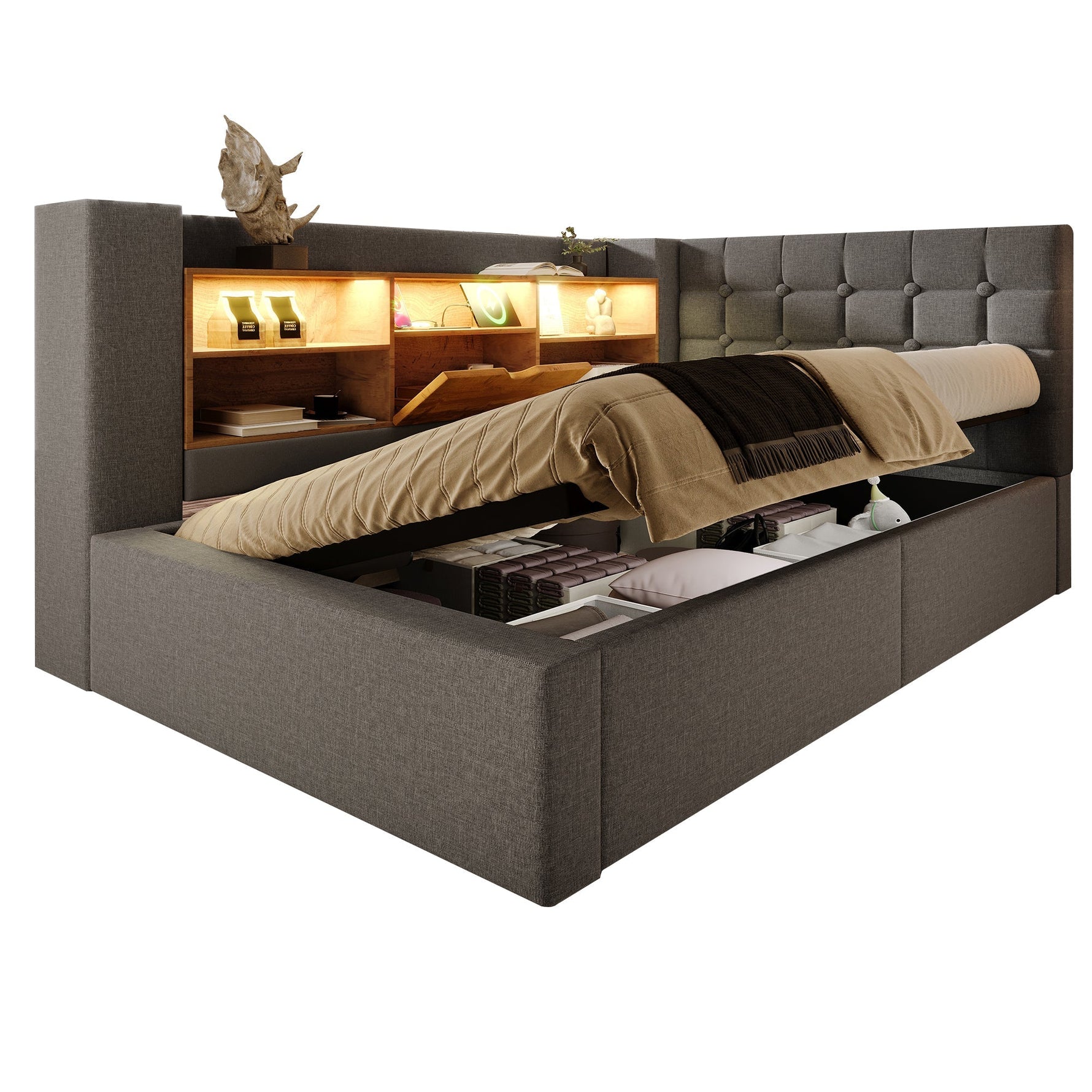 Upholstered Single Bed 90x200cm with LED, Hydraulic Storage and L-Shaped Headboard, Grey Linen Fabric (With Mattress)
