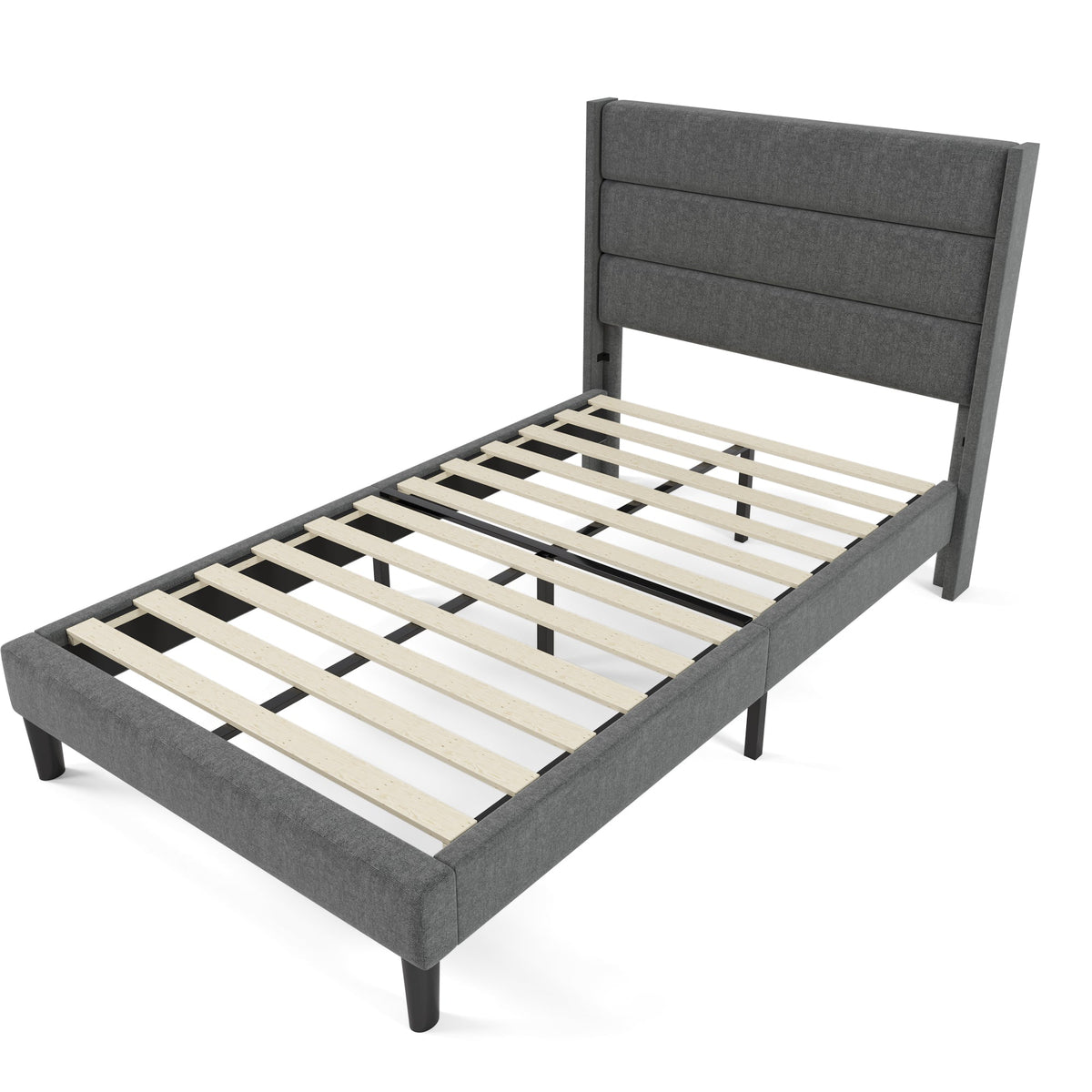 Upholstered Bed, 90x200cm with Slatted Frame & Headboard, Grey Linen