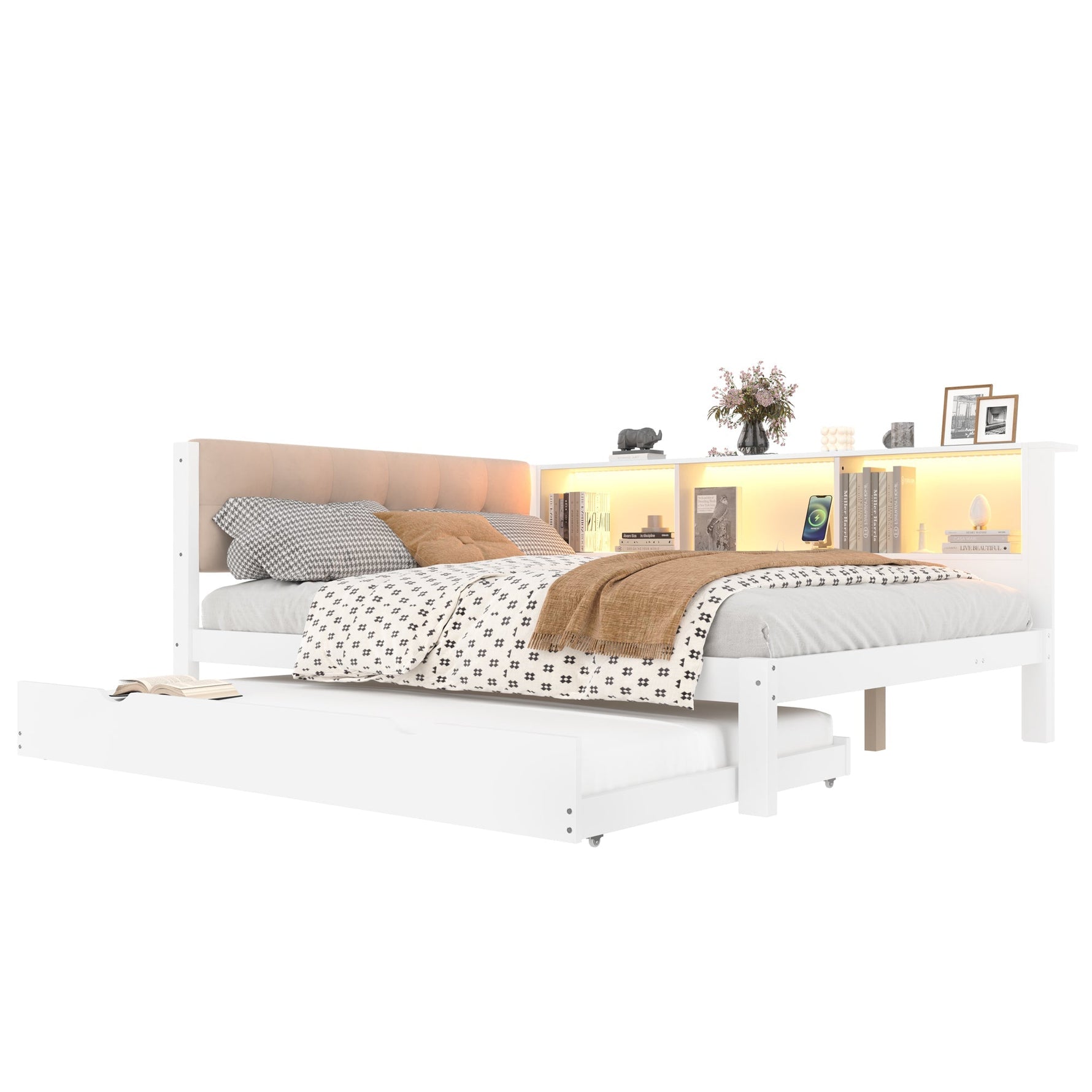 Daybed Sofa Bed 140x200cm Pull-out Bed LED Shelf USB - White Pine Wood