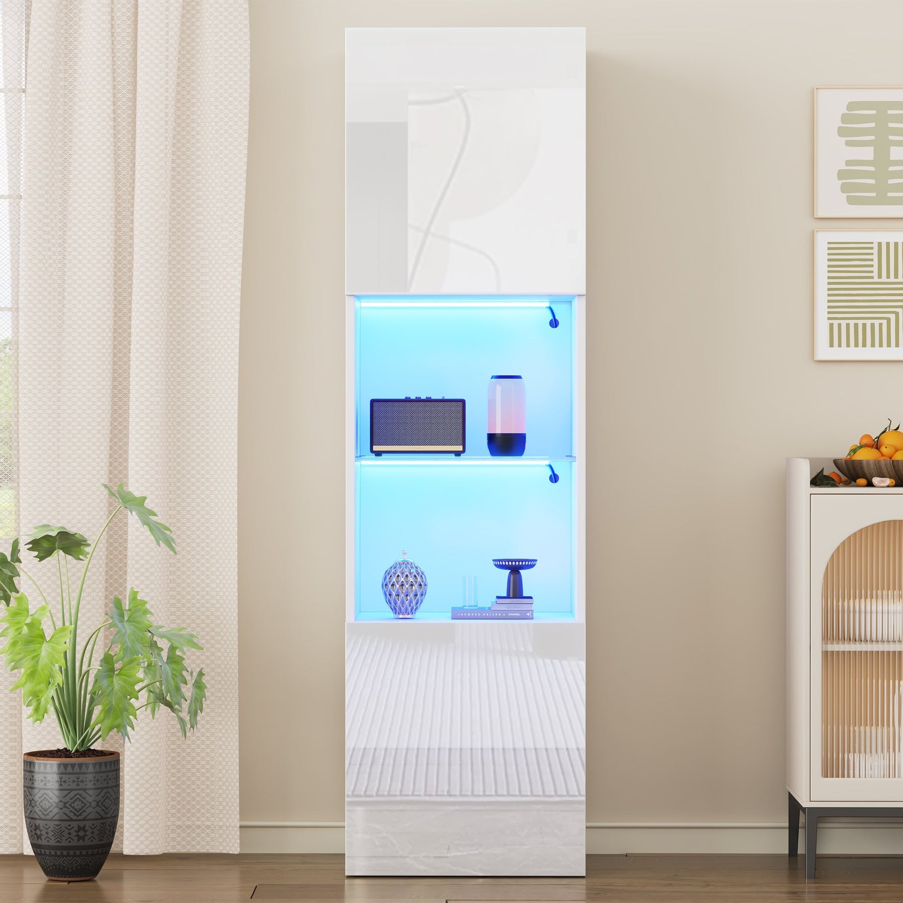 Display Cabinet with LED Lighting, 1 Glass Shelf, 45x35x160 cm, High-Gloss White