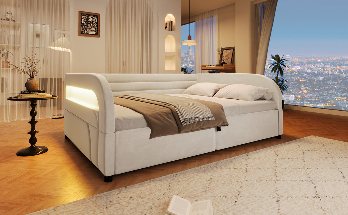 Upholstered Platform Bed 140x200, Hydraulic Storage & LED, Beige