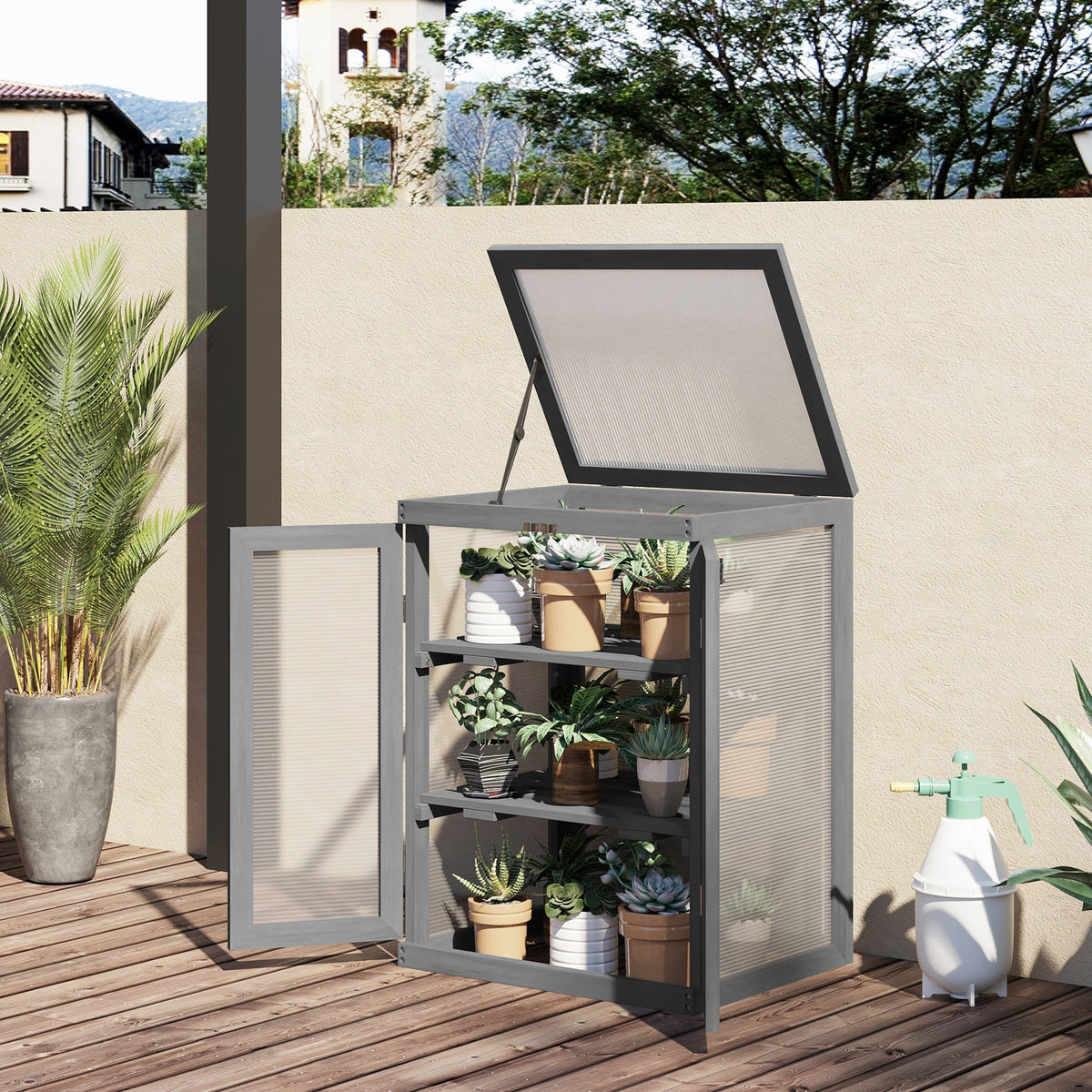 Greenhouse Cold Frame 3-Tier 2-Door Weatherproof Wood/Polycarbonate Dark Grey