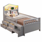 Children's Bed with 4 Drawers, LED Lights, USB and Type-C Charging Ports, 90x200cm, Grey Solid Wood