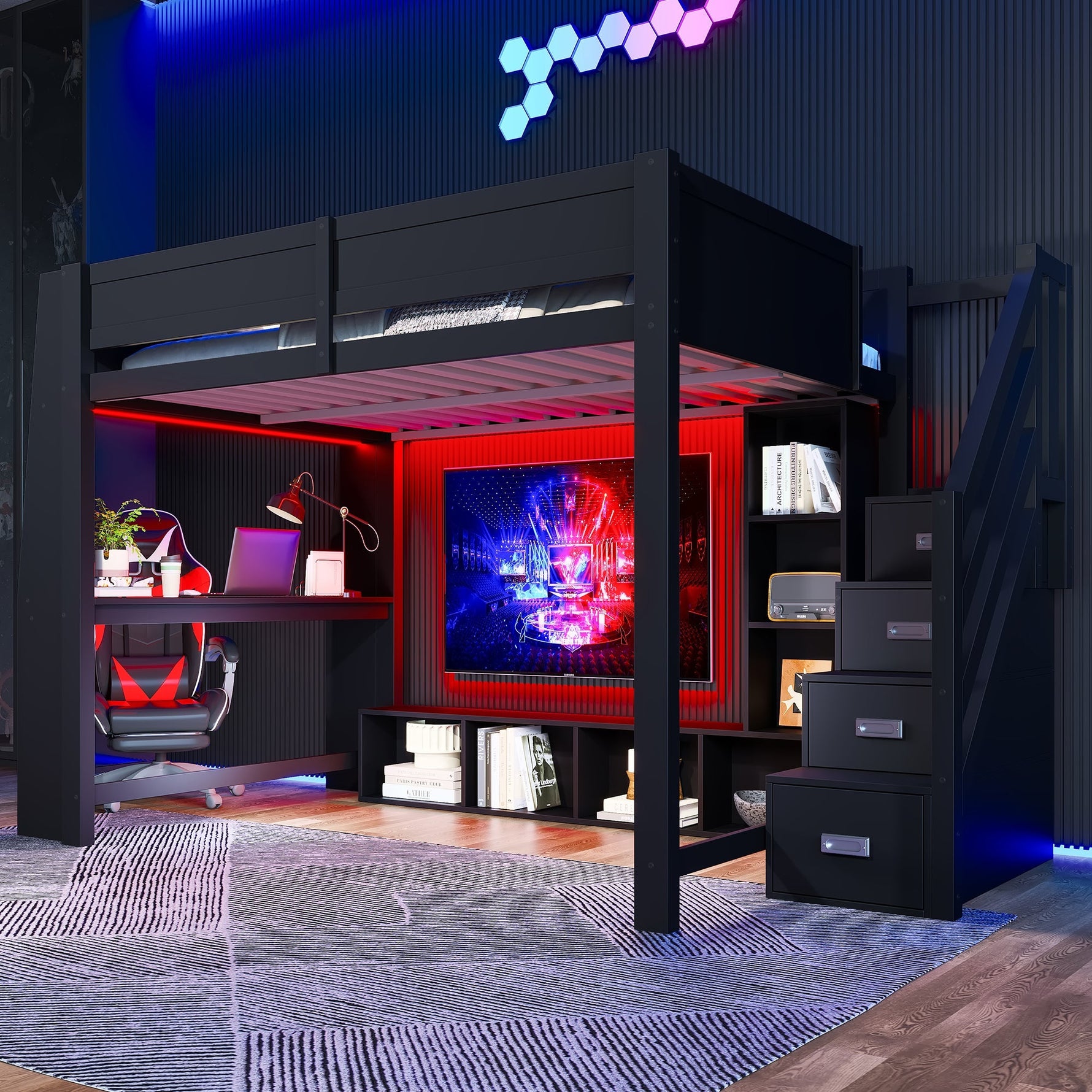 Loft Bed with Desk, Storage Stairs and LED Lighting, 140x200cm, Black Wood