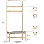 Coat Rack with Shoe Bench, Hooks, Shoe Rack, Seat Cushion, Bamboo, Natural