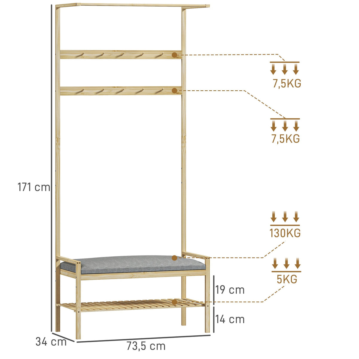 Coat Rack with Shoe Bench, Hooks, Shoe Rack, Seat Cushion, Bamboo, Natural