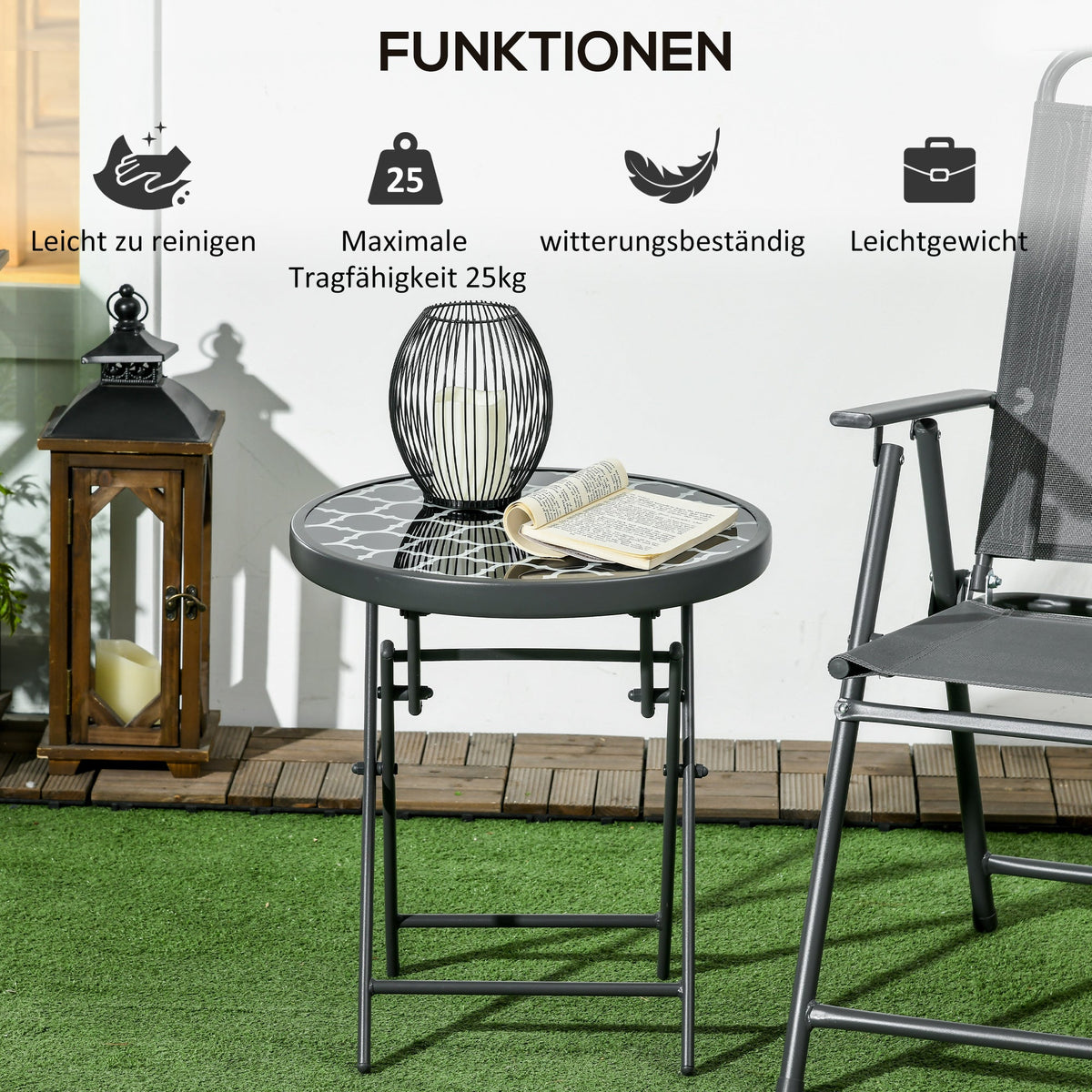 Folding Table Side Table Glass Top Black