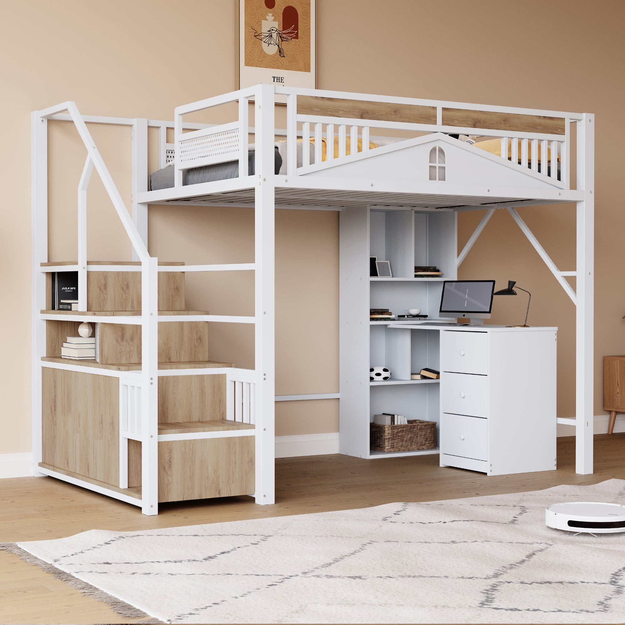 Metal Loft Bed 140x200cm Safety Enclosure with Window & Ladder Locker, White