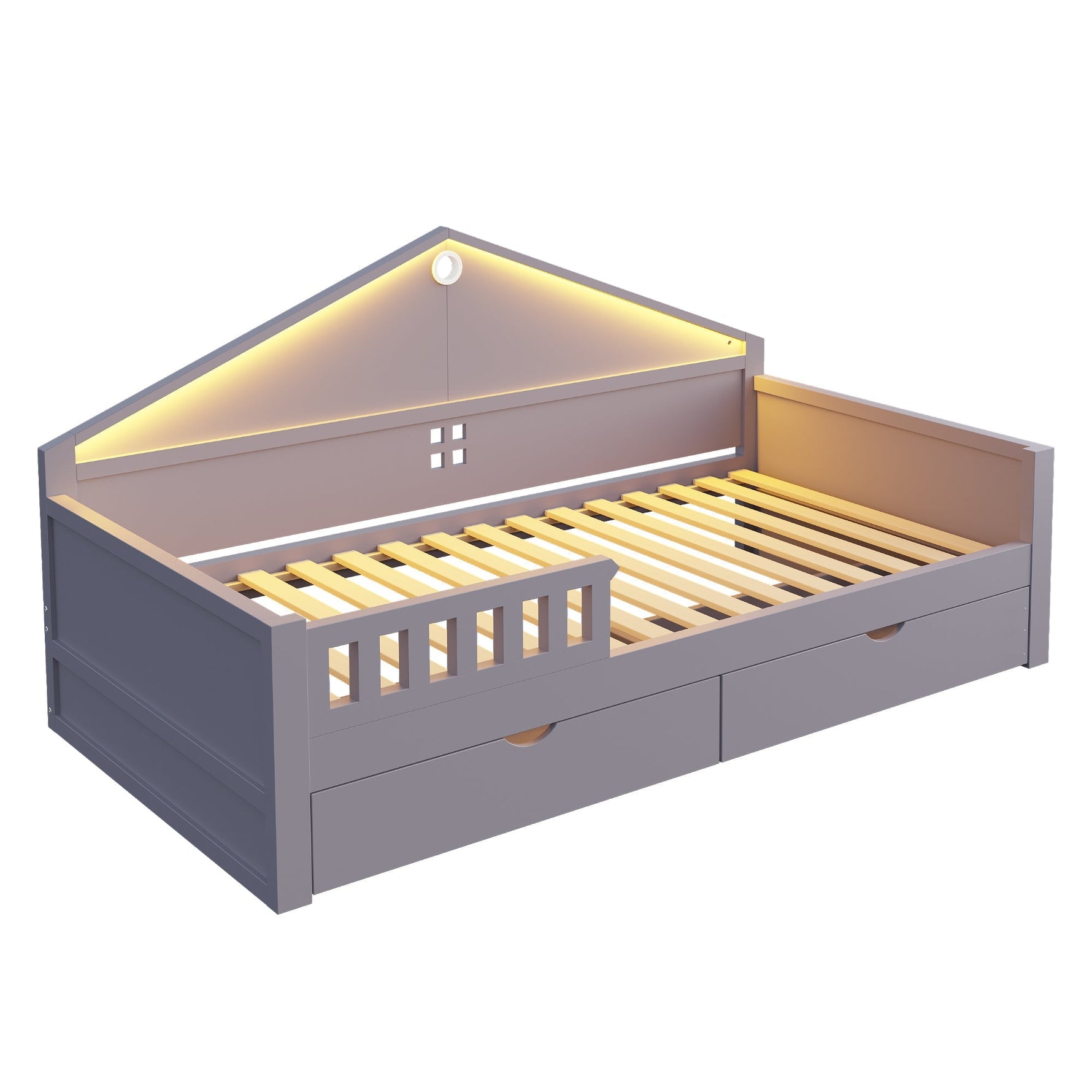 Children's Bed with LED Light Strip and Storage Drawers, 90x200 cm, Grey