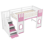 Loft Bed with Storage Stairs and Window, 90x200cm, White and Pink Pine Wood + MDF