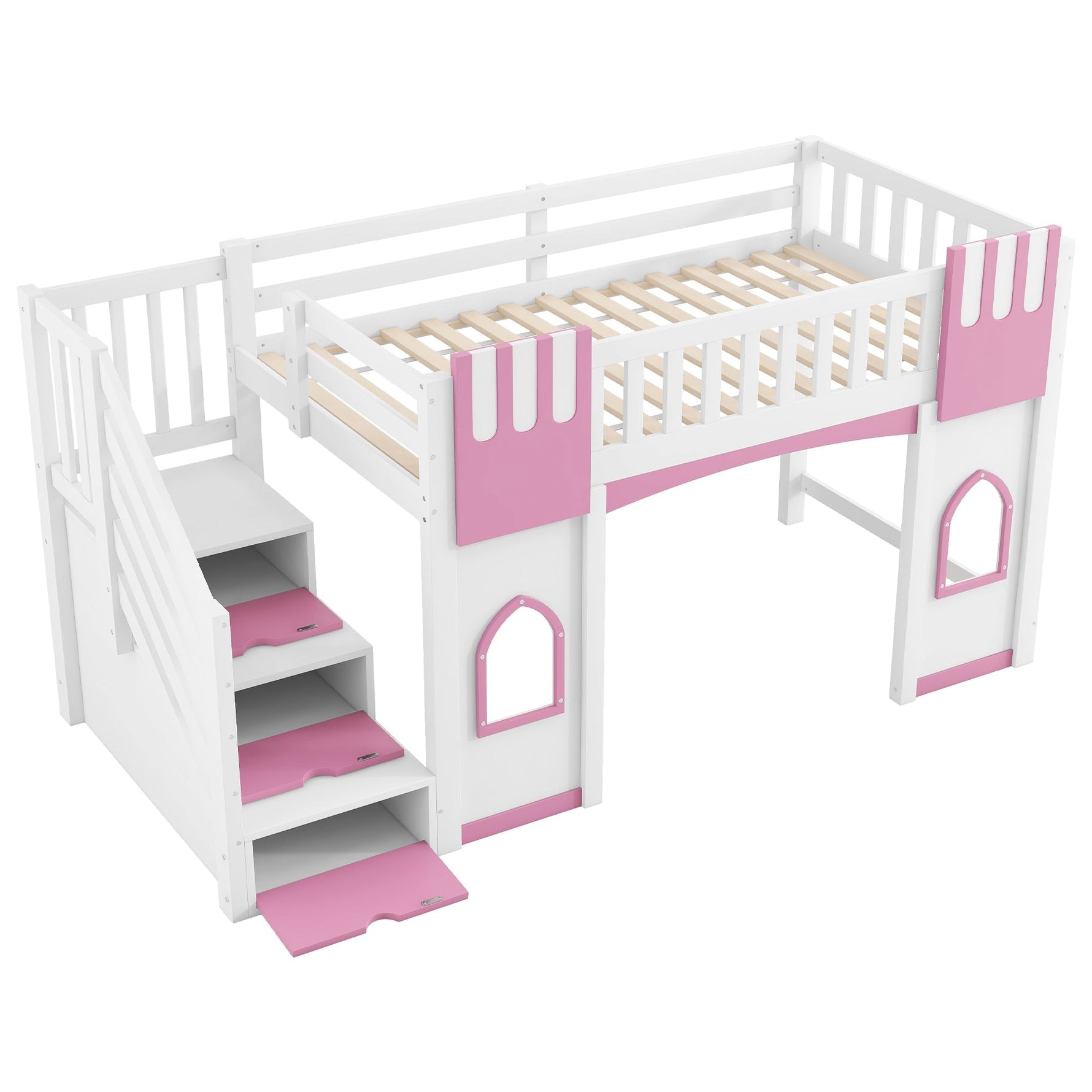 Loft Bed with Storage Stairs and Window, 90x200cm, White and Pink Pine Wood + MDF