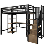 Loft Bed with Desk, LED Lights, USB Port and Storage Ladder, Black Iron Frame