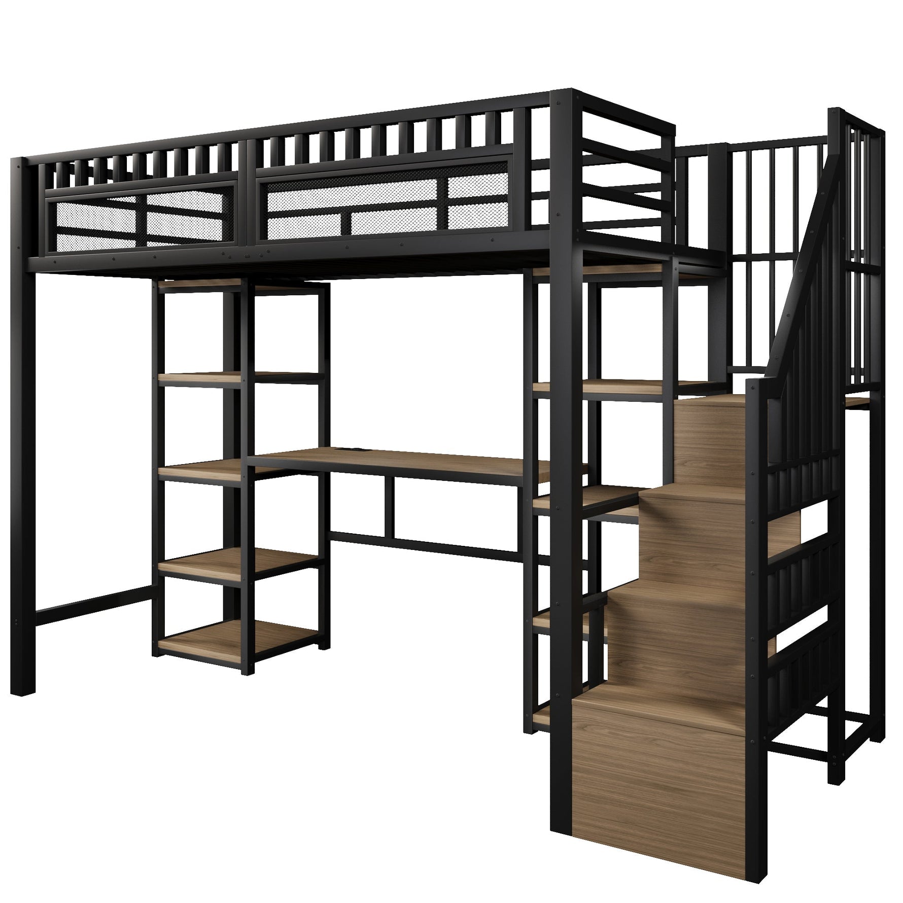 Loft Bed with Desk, LED Lights, USB Port and Storage Ladder, Black Iron Frame