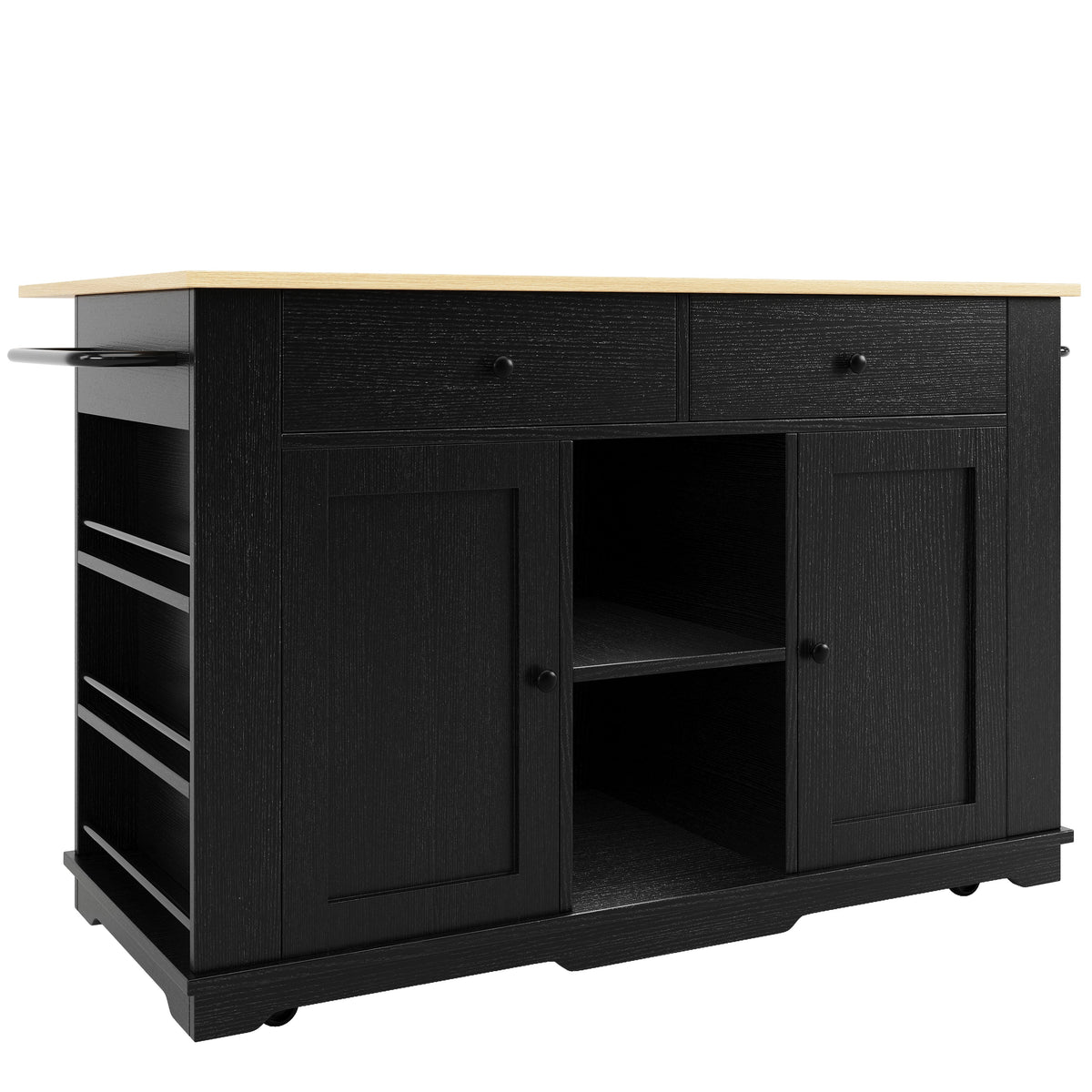 Kitchen Island Trolley Worktop Power Strip Wood Grain Storage - Black