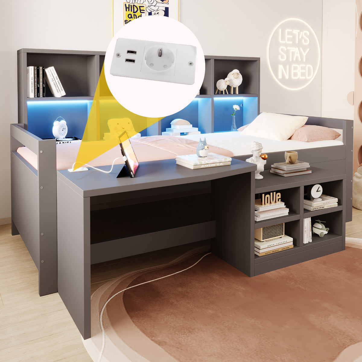 Children's Bed 90x200cm with Desk & LED Light, Solid Wood, Grey
