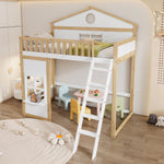Bunk House Bed with Stairs & Roof 90x200cm, White & Natural