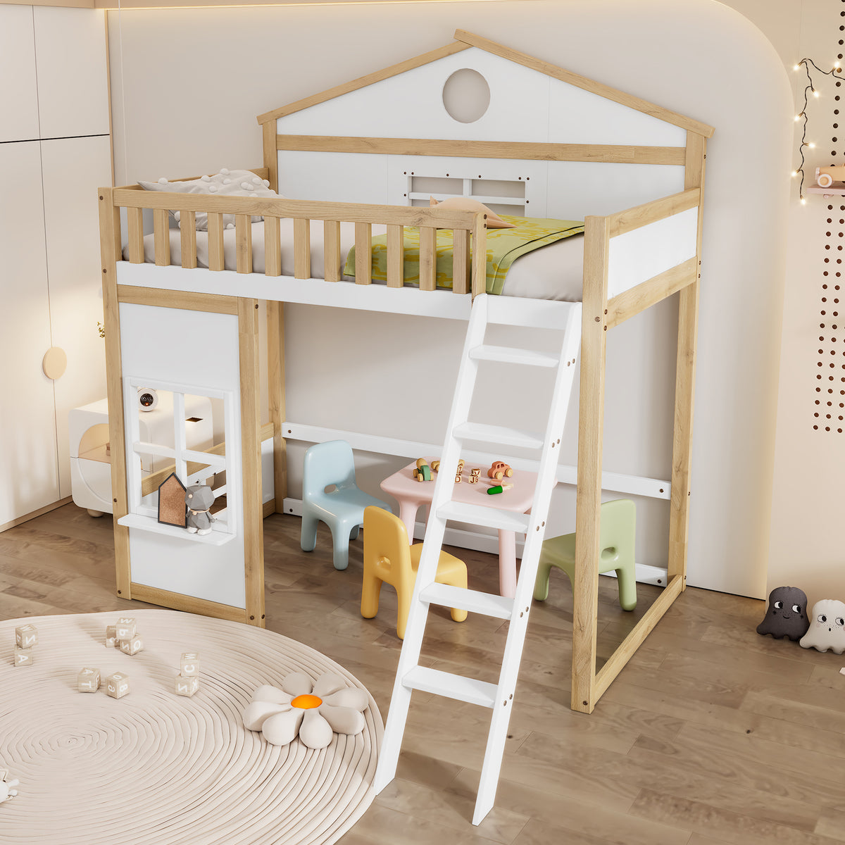 Bunk House Bed with Stairs & Roof 90x200cm, White & Natural