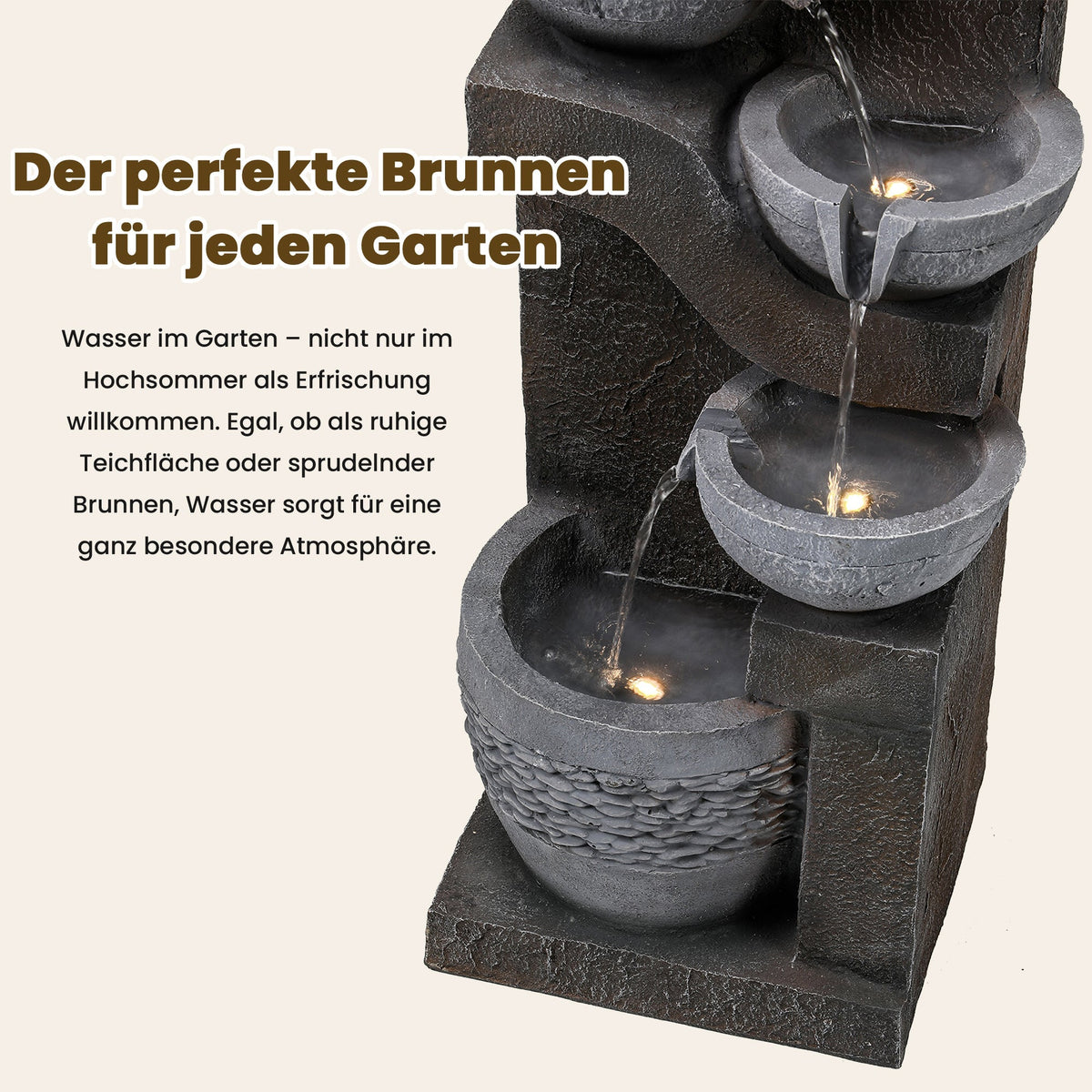 Garden Fountain with LED Lighting and Water Pump, Artificial Stone, Grey