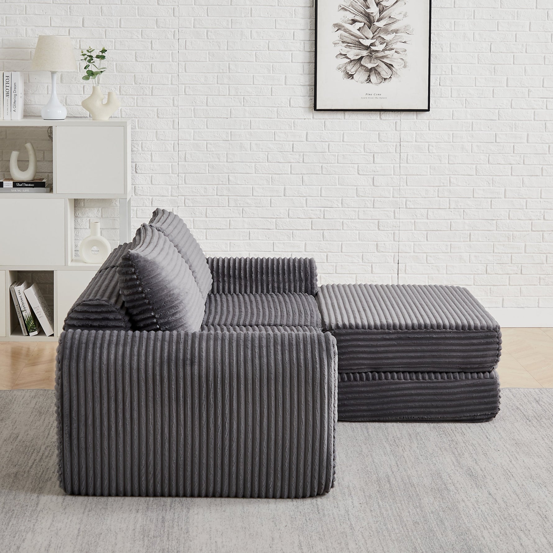 Corduroy 2-in-1 Sofa Bed with Two Pillows and Removable Footstool, Corduroy