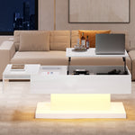 High-gloss Lift-up Tea Table, LED Coffee Table, 100x50x45 cm with Storage, White