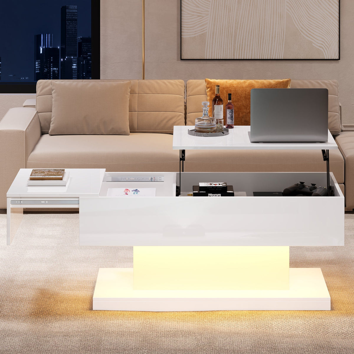 High-gloss Lift-up Tea Table, LED Coffee Table, 100x50x45 cm with Storage, White