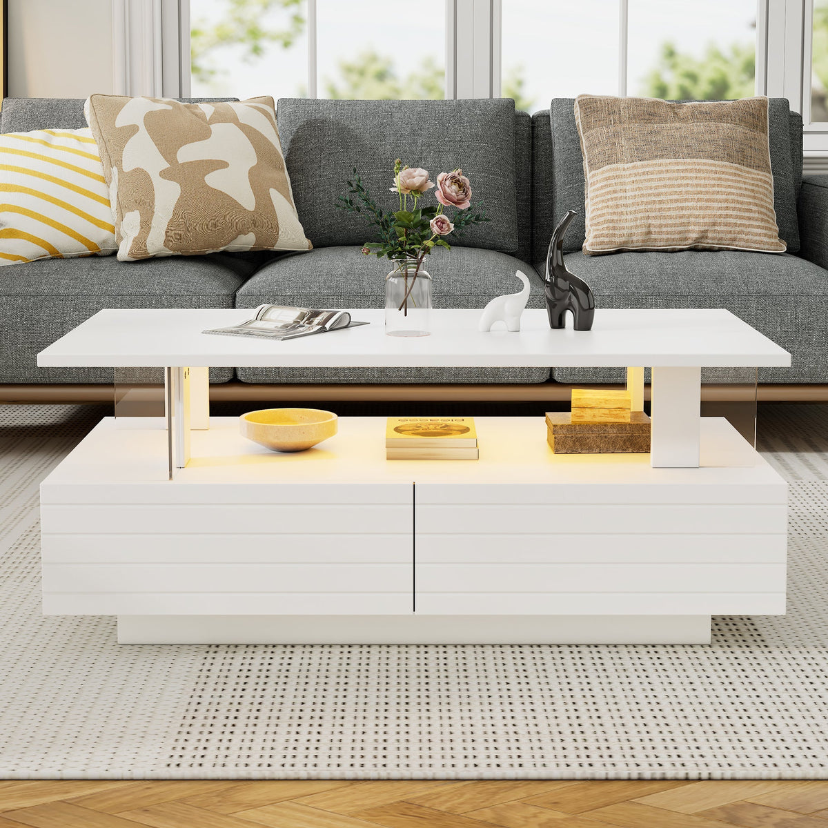 LED Coffee Table, Storage, Double-Layer Rectangular with Bluetooth App, White