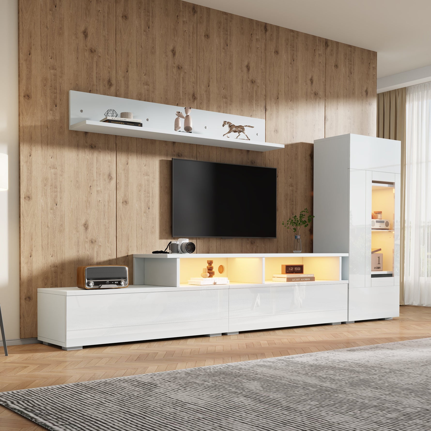 3-Piece TV Wall Unit Set with LED Lighting and High-Gloss Finish, White