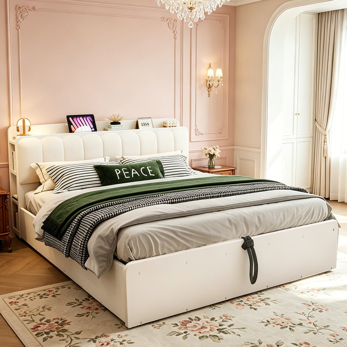 Wooden Flatbed 180x200cm with Hydraulic Storage & USB, White