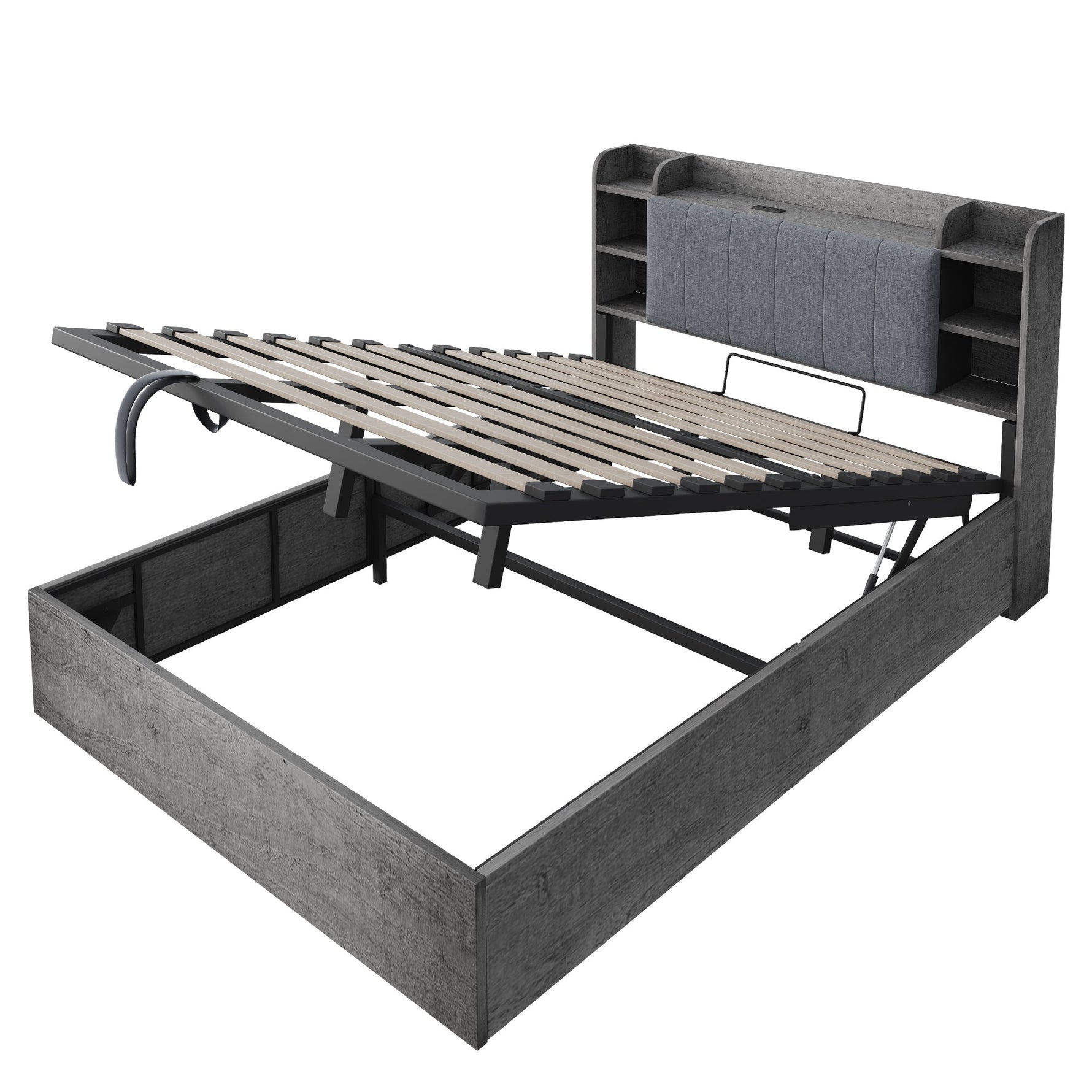 Hydraulic Bed with Storage Headboard and USB Charging, 180x200cm, Grey Wood