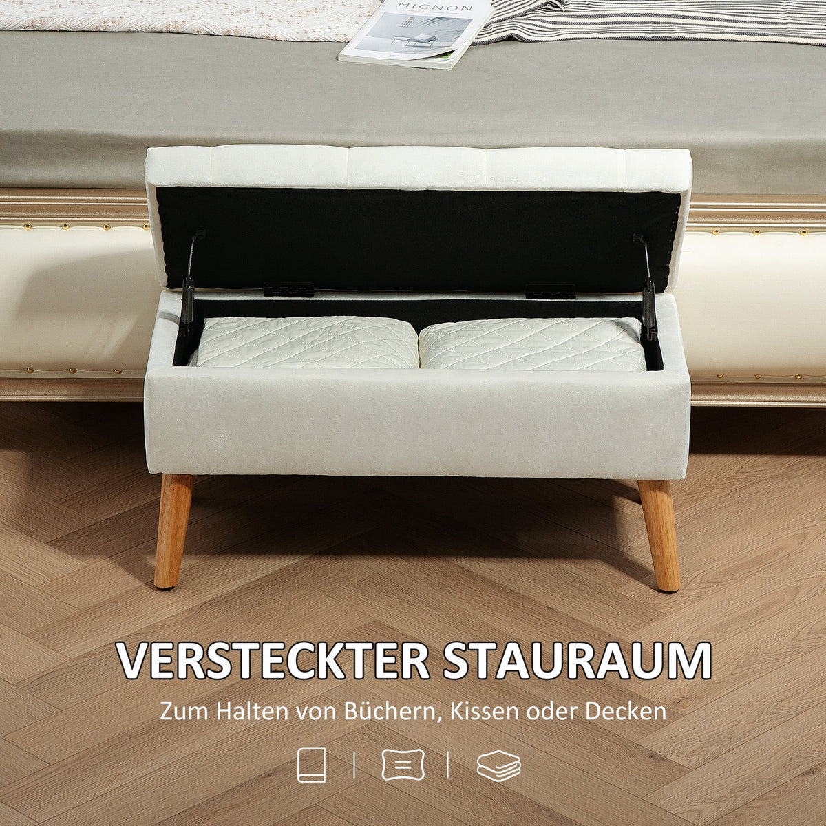 Bench with Storage, Upholstered Lid, Rubberwood White