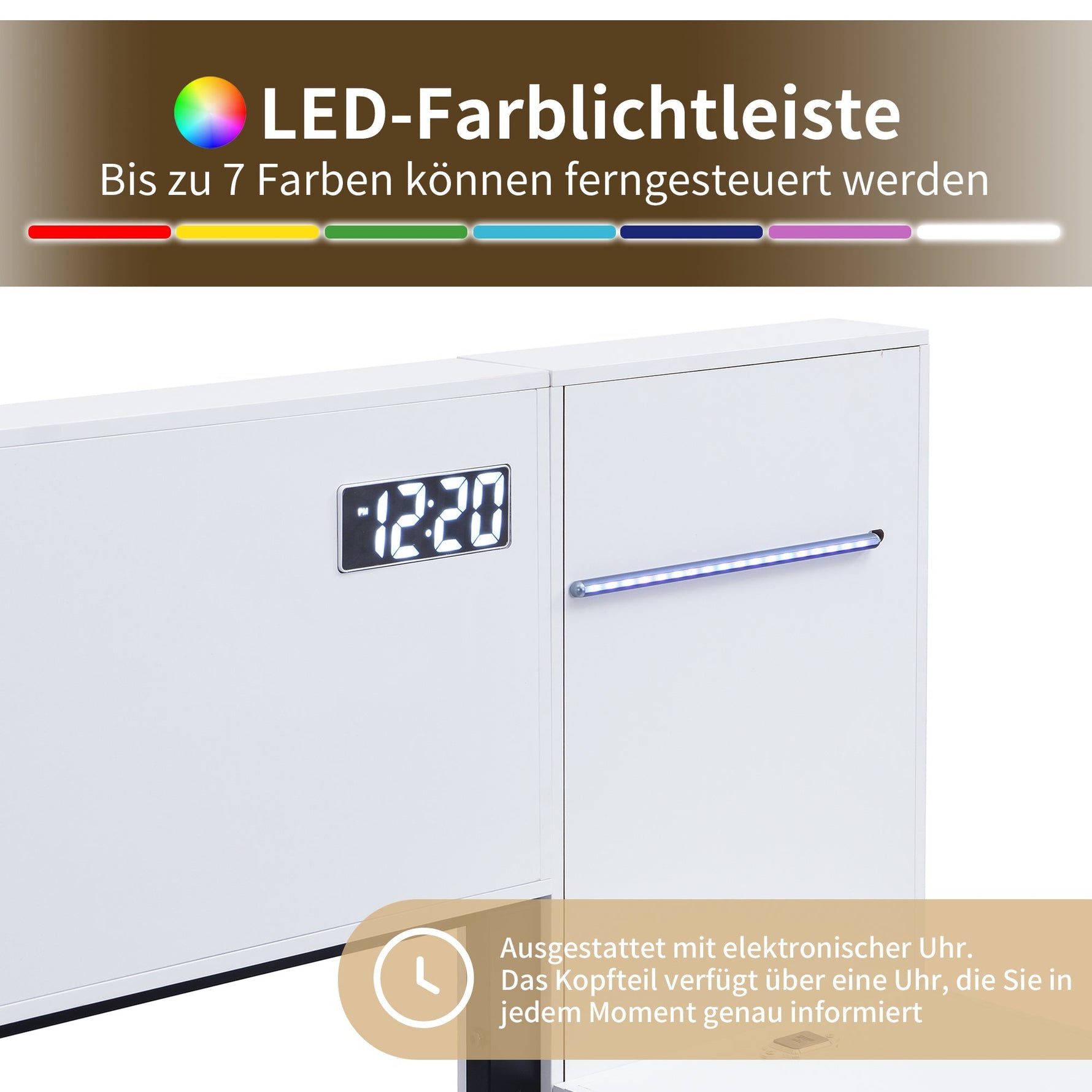 Double Bed with USB Port, Bluetooth Speaker, LED and 2 Bedside Tables, 180x200cm, White Wood