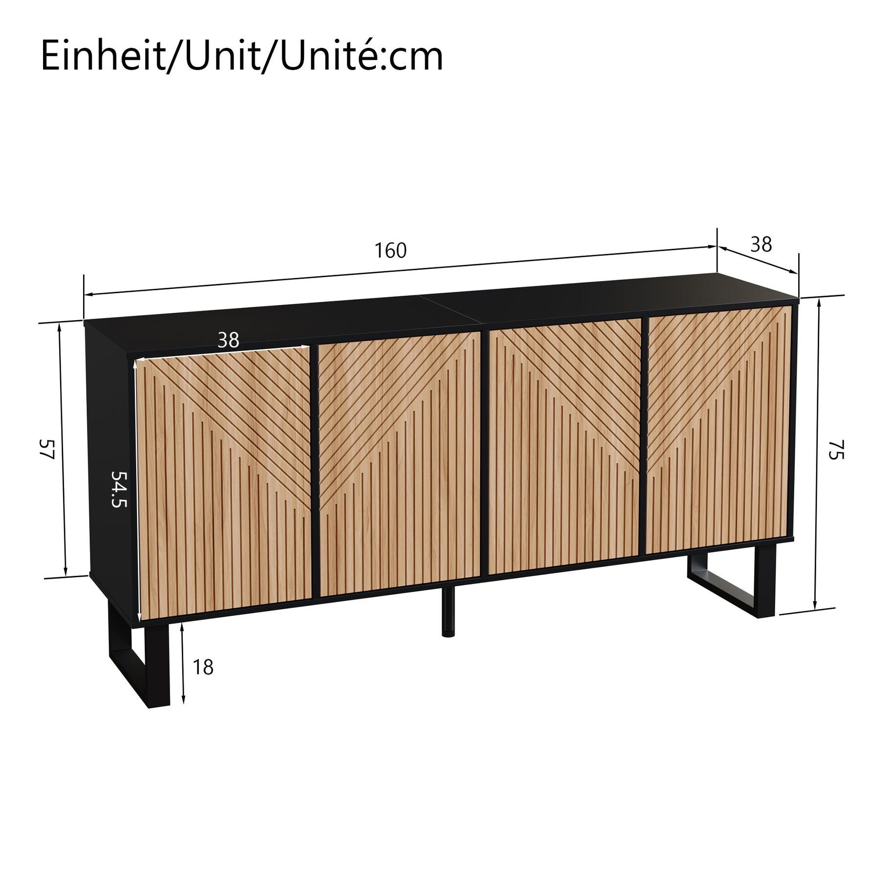 Sideboard, Minimalist with 3D Striped Front and Extra Large Storage, Black Wood Grain