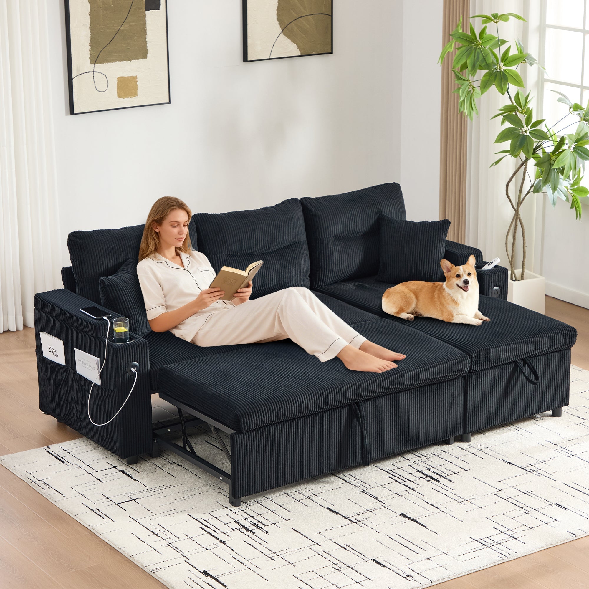 3-Seater Corduroy Sofa Sleeper Hydraulic Chaise Storage Cup Holders USB-C Corduroy