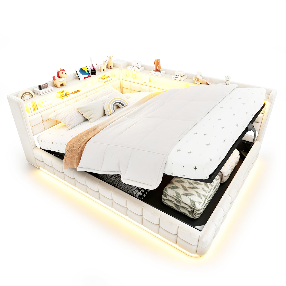 Upholstered Sofa Bed 140x200cm with Storage & LED, Beige Velvet