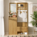 Compact Wardrobe, Entryway Shelf with Mirror, Adjustable Hooks, Wood-Coloured