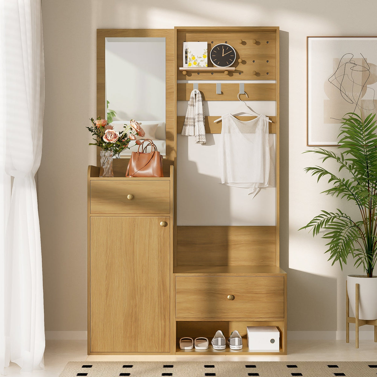 Compact Wardrobe, Entryway Shelf with Mirror, Adjustable Hooks, Wood-Coloured