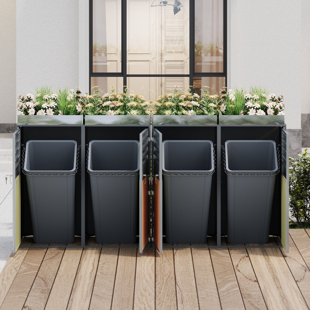 Garbage Can Enclosure with Ventilated Louvers, Lockable Four Doors and Planting Area, Galvanized Steel