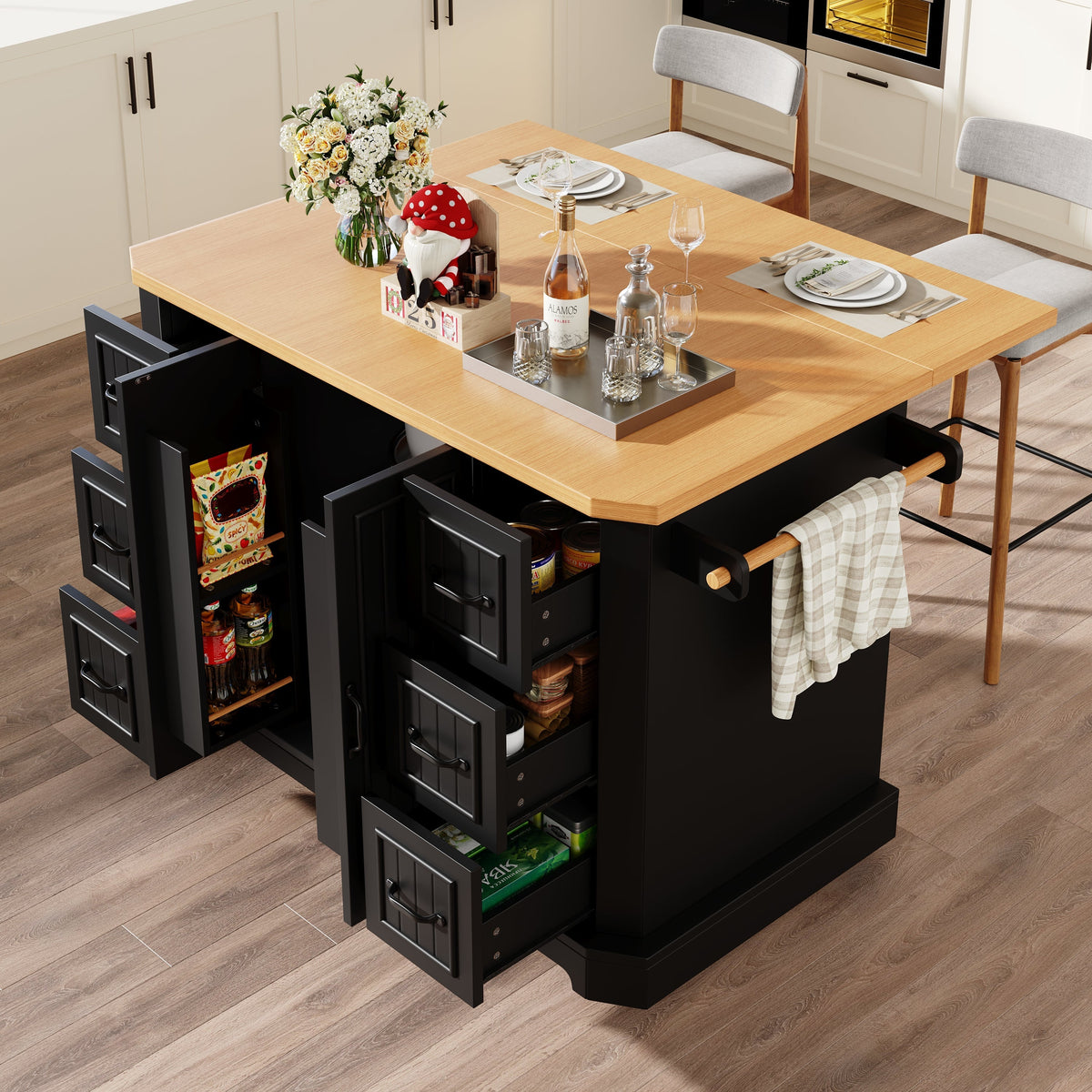 Mobile Kitchen Island with 2 Doors and 6 Drawers, White and Black