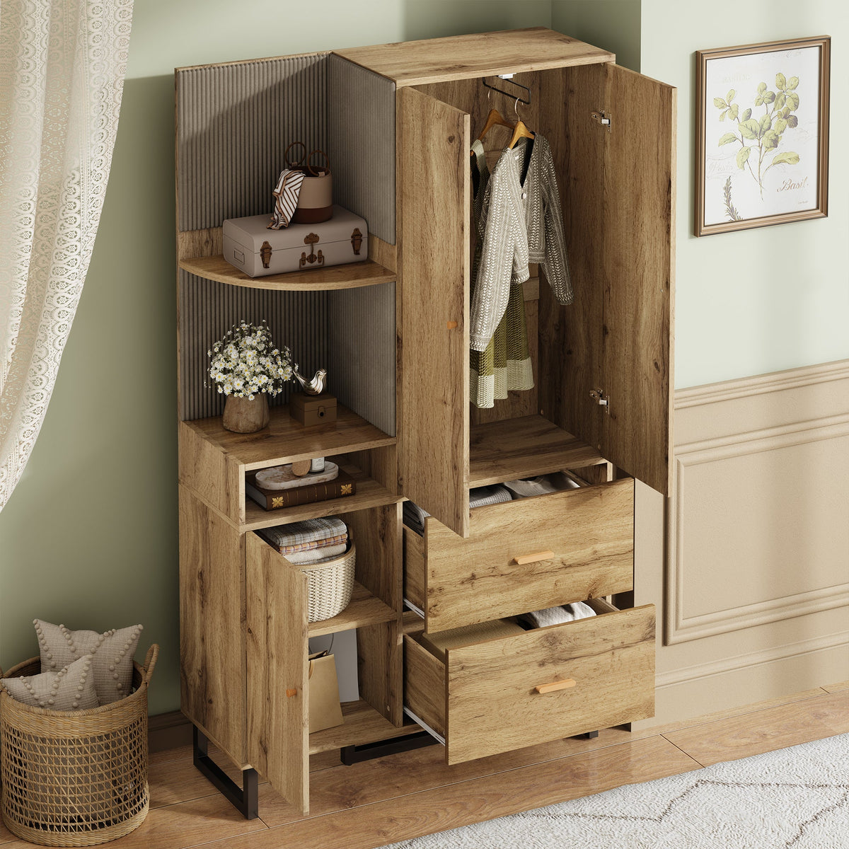 Compact Wardrobe, Hallway Upholstered Panels Shoe Cupboard, 110x186x38 cm