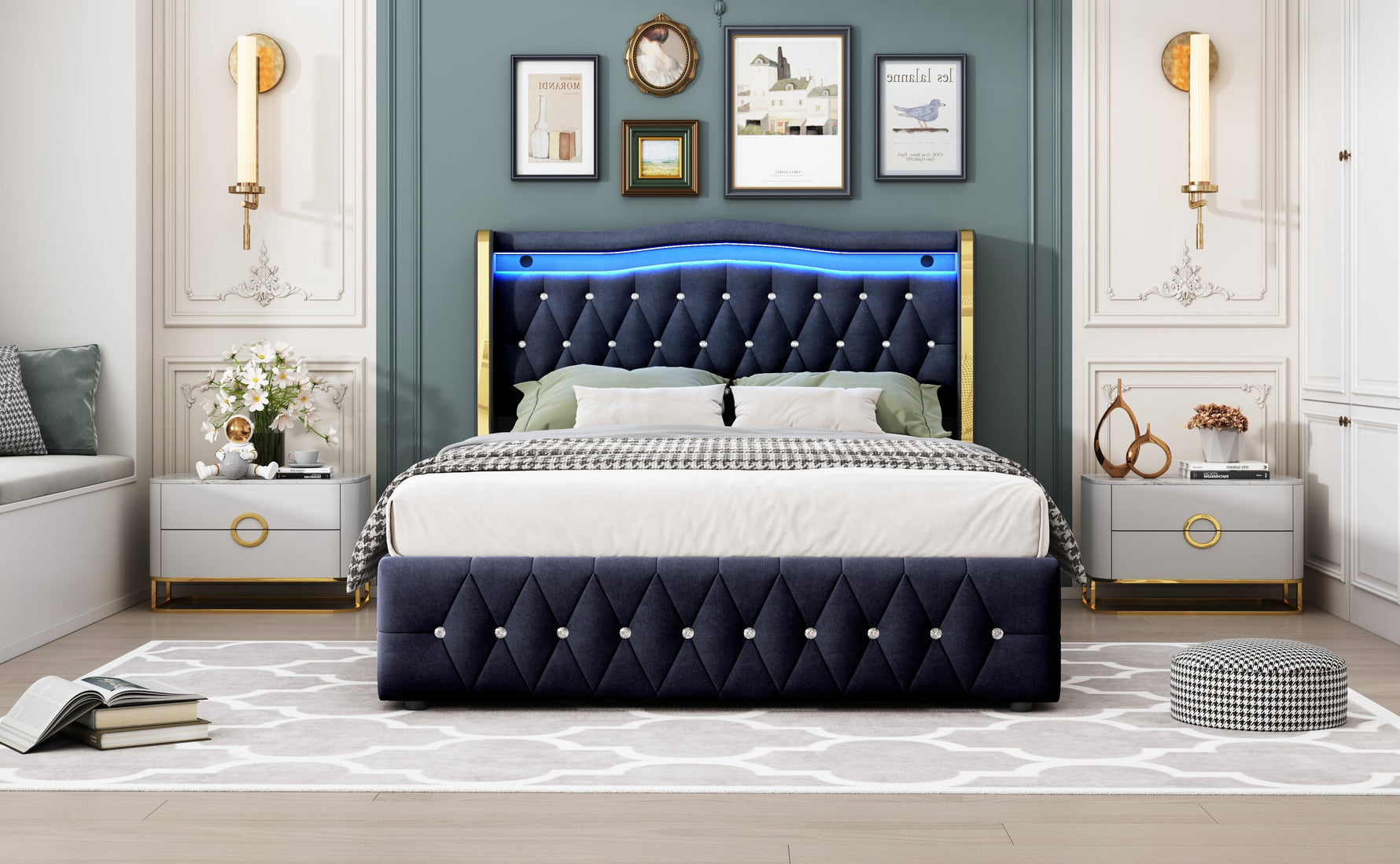 Upholstered Bed, 140x200cm LED Hydraulic Storage, Velvet Black