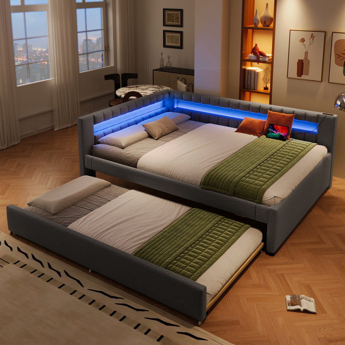 Daybed Sofa Bed 140x200cm with LED Light & Trundle, Grey Linen