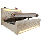 Upholstered Double Bed 140x200cm, LED Lights, Storage Headboard with USB & Type-C, Hydraulic Storage, Beige Velvet